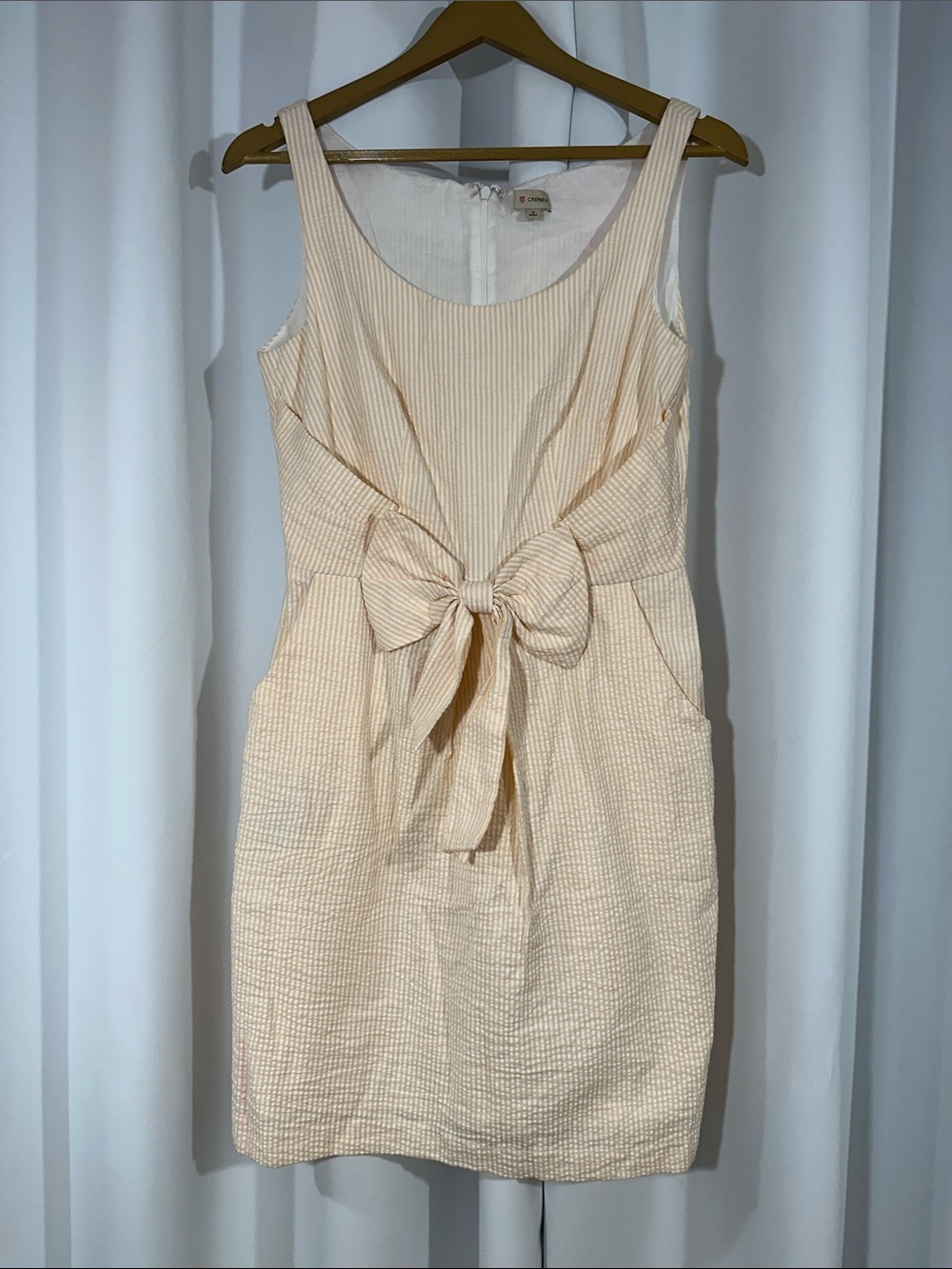 Cremieux Seersucker Bow Front Mini Dress Size 4 Beige Ivory Striped Cotton